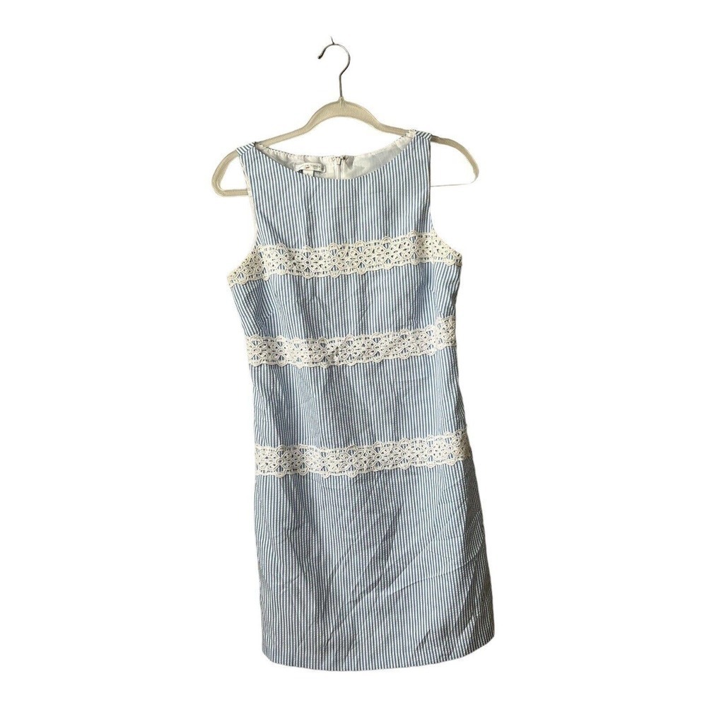 London Times Seersucker Embroidered Dress Size 6‎ Blue White Striped Lined Zip